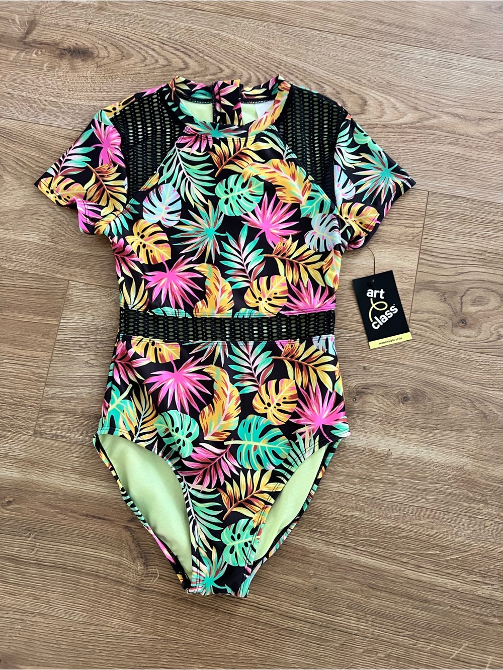 art class Tropical Leaf Short-Sleeve One-Piece Swimsuit NWT Girls Size L 10/12